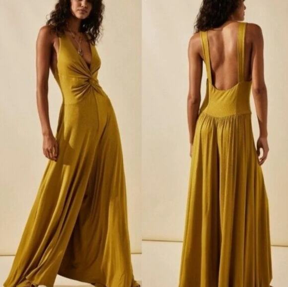 Free People Pants - Free People Beach Harlow Gold One Piece Boho Wide Leg Jumpsuit NWT Size S